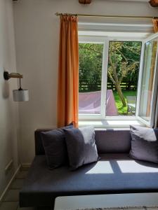 a couch sitting in front of a window at Ferienhof Bisdorf "Schwülkennest" Reihenhaus in Bisdorf