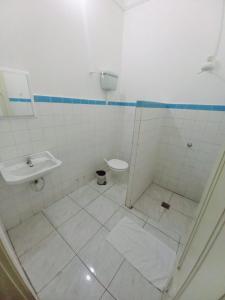 a bathroom with a shower and a toilet and a sink at Hotel Central in Araçatuba
