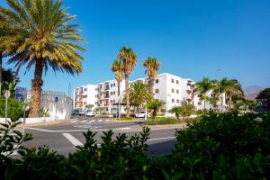 una calle vacía con palmeras y edificios en Casa Playa María, en Agaete