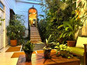 a patio with potted plants and a table at Casa Ruta Sur in Cali