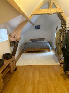a bedroom with a bed in a attic at La maison papillon in Tonnerre