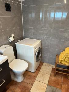 a bathroom with a toilet and a washing machine at Villa Salt in Hvasser +21 photos