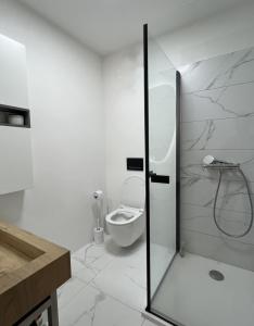 e bagno con servizi igienici e cabina doccia in vetro. di Apartma Gorna a Kranjska Gora