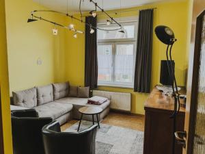 a living room with a couch and a table at Harz-Wohnung Natur pur in Benneckenstein