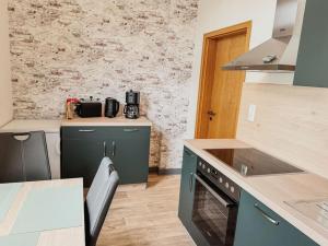 a kitchen with green cabinets and a stove top oven at Harz-Wohnung Natur pur in Benneckenstein +5 photos
