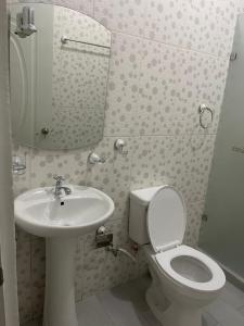 Un baño con lavabo, inodoro y espejo. en Apartamentos swiss, en Sosúa