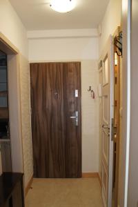 a bathroom with a wooden door in a room at Apartament Pułaskiego in Rzeszów