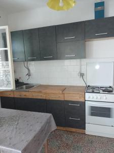 a kitchen with gray cabinets and a white stove top oven at Double Room Sucuraj 6734b in Sućuraj +13 photos