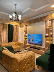 a living room with a couch and a flat screen tv at Savannah Homes in Abuja