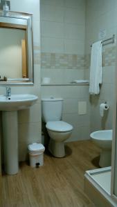 een badkamer met een wastafel, een toilet en een spiegel bij HOSTAL Restaurante RANCHEIRO in Vigo