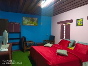 a bedroom with a bed with red sheets and blue walls at Munnar home stay in Munnar