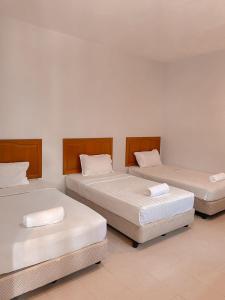 three beds in a room with white walls at Tekoma Resort Taman Negara in Kuala Tahan