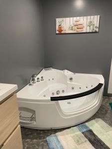 a white bath tub sitting in a bathroom at Gîte 10 personnes Ardèche Jacuzzi in Saint-Apollinaire-de-Rias +18 photos