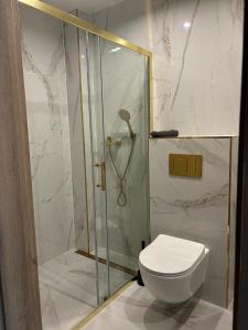 a bathroom with a toilet and a glass shower at Resort Eden Premium Domki Jacuzzi, sauna in Jastrzębia Góra +16 photos