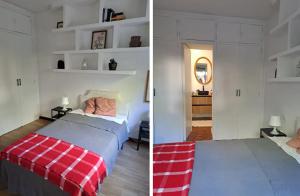 a bedroom with a bed with a red and white blanket at Casa Cerca del Aeropuerto y del Jarama in Santo Domingo
