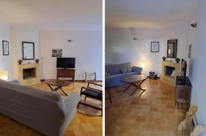 two pictures of a living room with a couch and a table at Casa Cerca del Aeropuerto y del Jarama in Santo Domingo