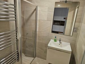 ein Badezimmer mit Dusche, Waschbecken und Spiegel in der Unterkunft NEW Apartment - O2 Arena Prague with parking in Prag