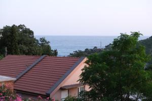 a roof of a house with the ocean in the background at Apartmani Janosevic in Sutomore