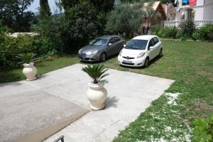 two cars parked in a yard with two potted plants at Apartmani Janosevic in Sutomore