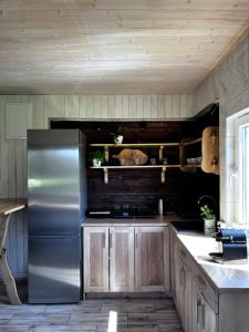 a kitchen with a stainless steel refrigerator and wooden cabinets at Homestead Ajerai in Valkininkai