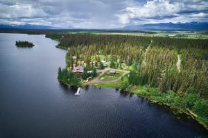 Anahim LakeEscott Bay Resort的从空中俯瞰湖中岛屿上的一栋房屋