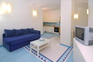 a living room with a blue couch and a tv at Aurora Residence in Amalfi