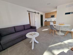 卡勒达德福斯特Hoy Caleta Apartments的客厅里有一张紫色的沙发和一张桌子