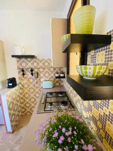 a kitchen with a counter with a stove and flowers at Casa dell’Artista in Luino