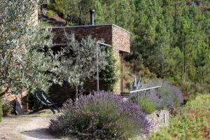 a brick house on a hill with trees and bushes at InXisto Lodges in Piódão