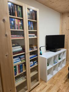 pokój z telewizorem i półkami na książki w obiekcie Landhaus Knoflach w Neustift im Stubaital