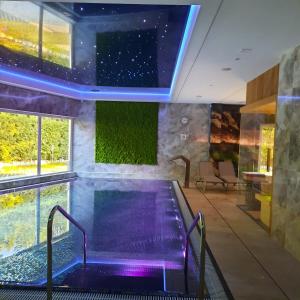 a pool in a room with a green wall at Piastun SPA&Wellness Krynica-Zdrój in Krynica Zdrój