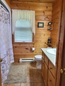 une salle de bain avec toilettes, lavabo et fenêtre dans l'établissement True Living Oceanfront Cottage, à Cumberland