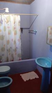 a bathroom with a shower and a toilet and a sink at Doña Vero in Puerto Iguazú