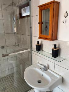 a bathroom with a sink and a glass shower at Sani Pass View Cottage in Himeville +29 photos