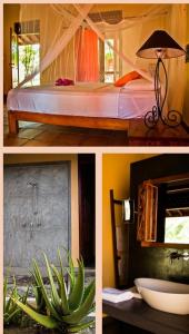 two pictures of a bedroom with a bed and a plant at Nilaveli Ayurveda Center in Nilaveli