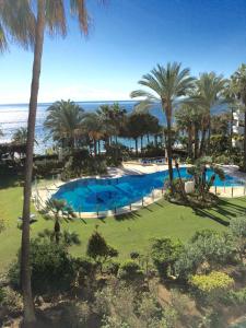 una vista aérea de una piscina con palmeras y el océano en GRAN MARBELLA APARTMENTS by Coral Beach, en Marbella