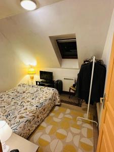 a bedroom with a bed and a desk and a television at Belle maison confortable in Montfermeil