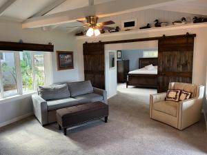 ein Wohnzimmer mit einer Couch und einem Bett in der Unterkunft Cozy Lake Front Cottage in Clermont
