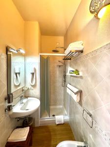 W łazience znajduje się toaleta z umywalką i prysznic. w obiekcie B&B Selvaggio Blu w mieście Baunei