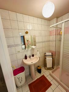 a bathroom with a sink and a shower at Belle maison confortable in Montfermeil +8 photos
