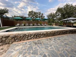 a swimming pool with chairs and umbrellas at Los Royares in Candeleda