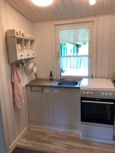 a kitchen with a sink and a stove and a window at gemütliches Blockhaus - das Hundeparadies am Wald in Wiehl +9 photos