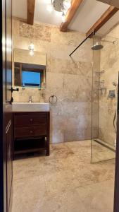 a bathroom with a sink and a glass shower at Casa Tudorescu in Horezu +64 photos