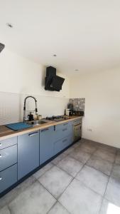 a kitchen with blue cabinets and a sink at La Voûte - Maison de charme in Saint-Clair