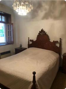 a bedroom with a bed with a chandelier above it at Quinta do galo in Magrelos