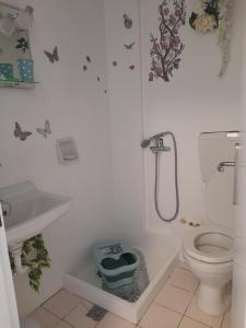 a bathroom with a toilet and a shower with butterflies on the wall at Heraklion Centre Experiene in Heraklio +60 photos
