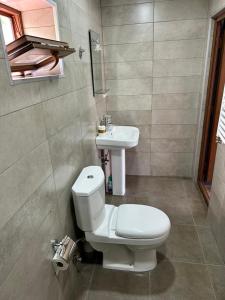 a bathroom with a toilet and a sink at Roza Guesthouse in Stepantsminda
