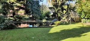 ein Garten mit Teich, Bäumen und grünem Gras in der Unterkunft Lamai in Erkelenz