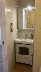a bathroom with a sink and a mirror at Metro city apartment Angisa 72 in Batumi
