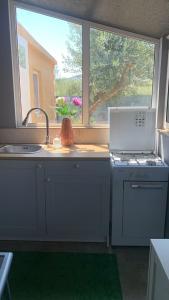 a kitchen with a sink and a stove and a window at Apartman Lea in Vela Luka